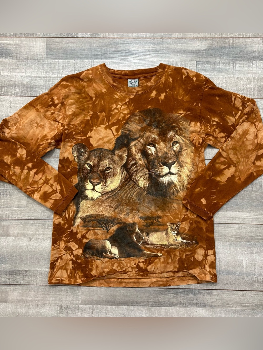 Vintage Back To Earth Nature Wear Hand Tie Dye Lion Cat LS Shirt Medium USA 90s